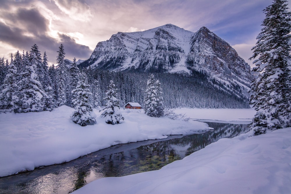 a snowy mountain with a river running through it