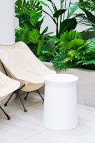 A minimalist outdoor setup featuring two beige folding chairs and a cylindrical white stool on a light tiled floor. Lush green tropical plants in the background add a fresh, natural element to the scene.