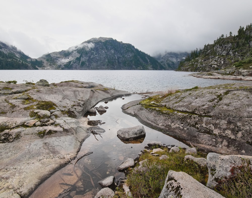 a body of water surrounded by rocks and trees