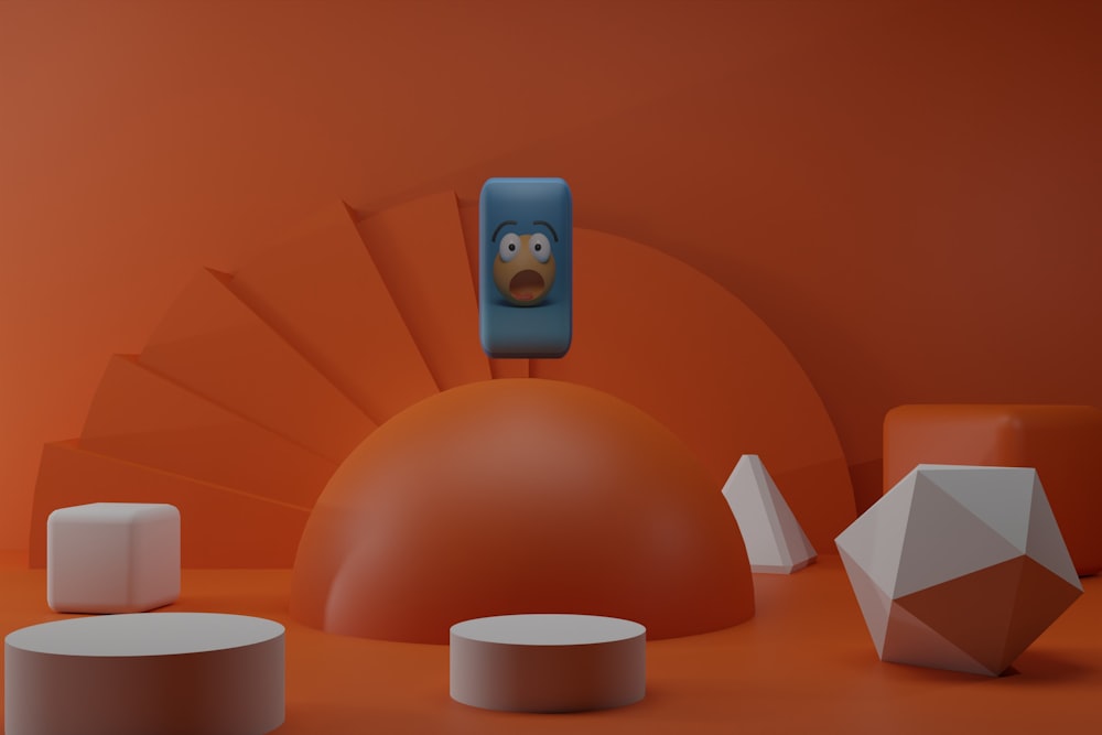an orange background with a cartoon character on the phone