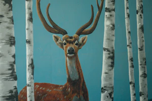 Minimalist watercolor of a deer with mirrored shapes blending into natural forms
