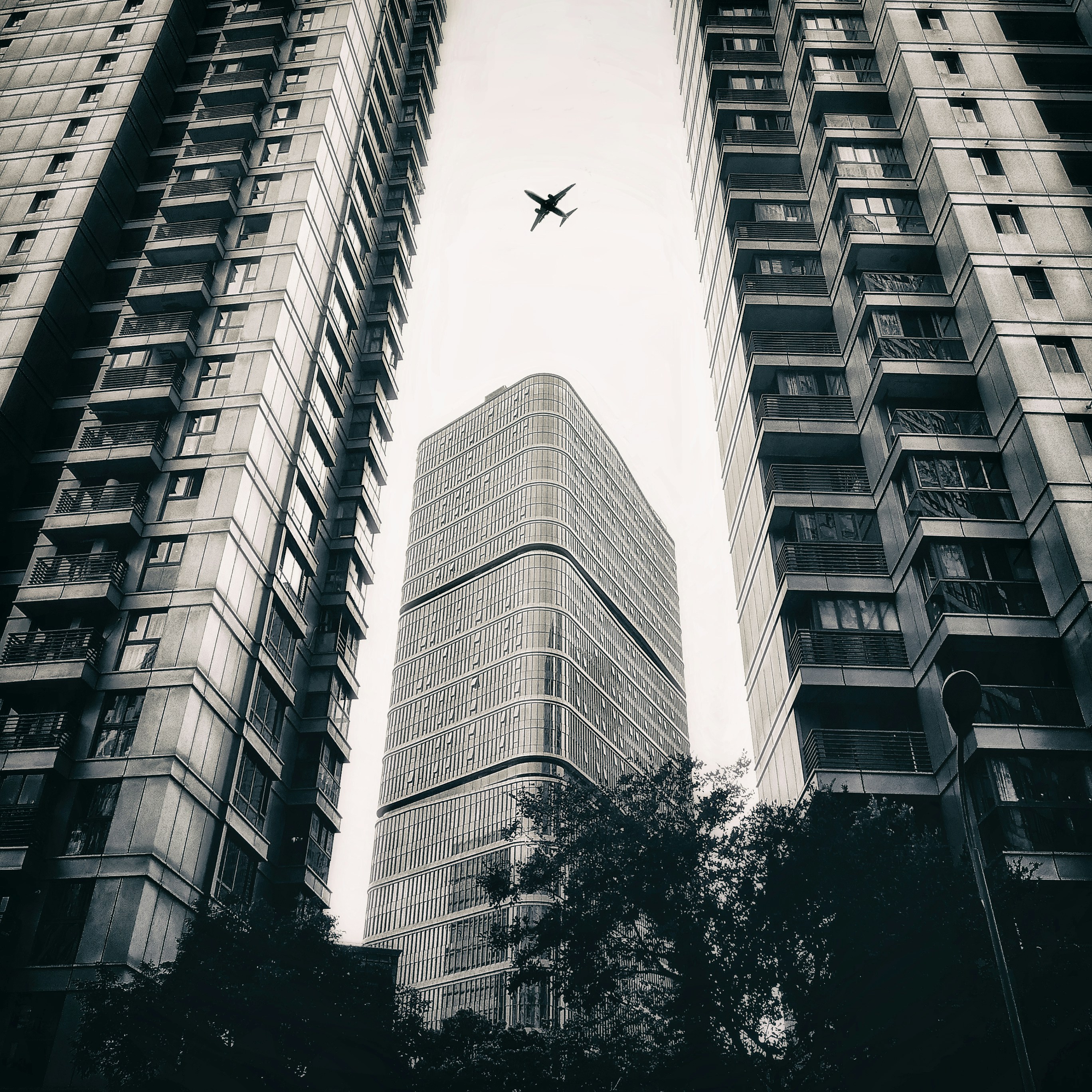 foto hitam putih pesawat terbang di langit di antara dua gedung tinggi