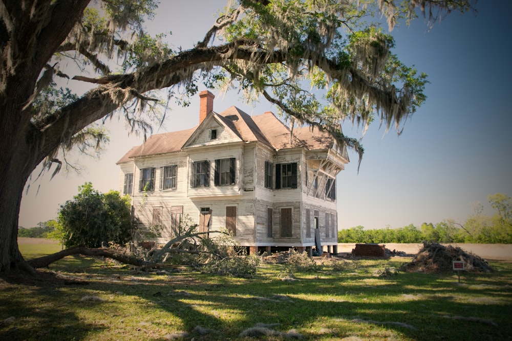 a large white house with a tree in front of it