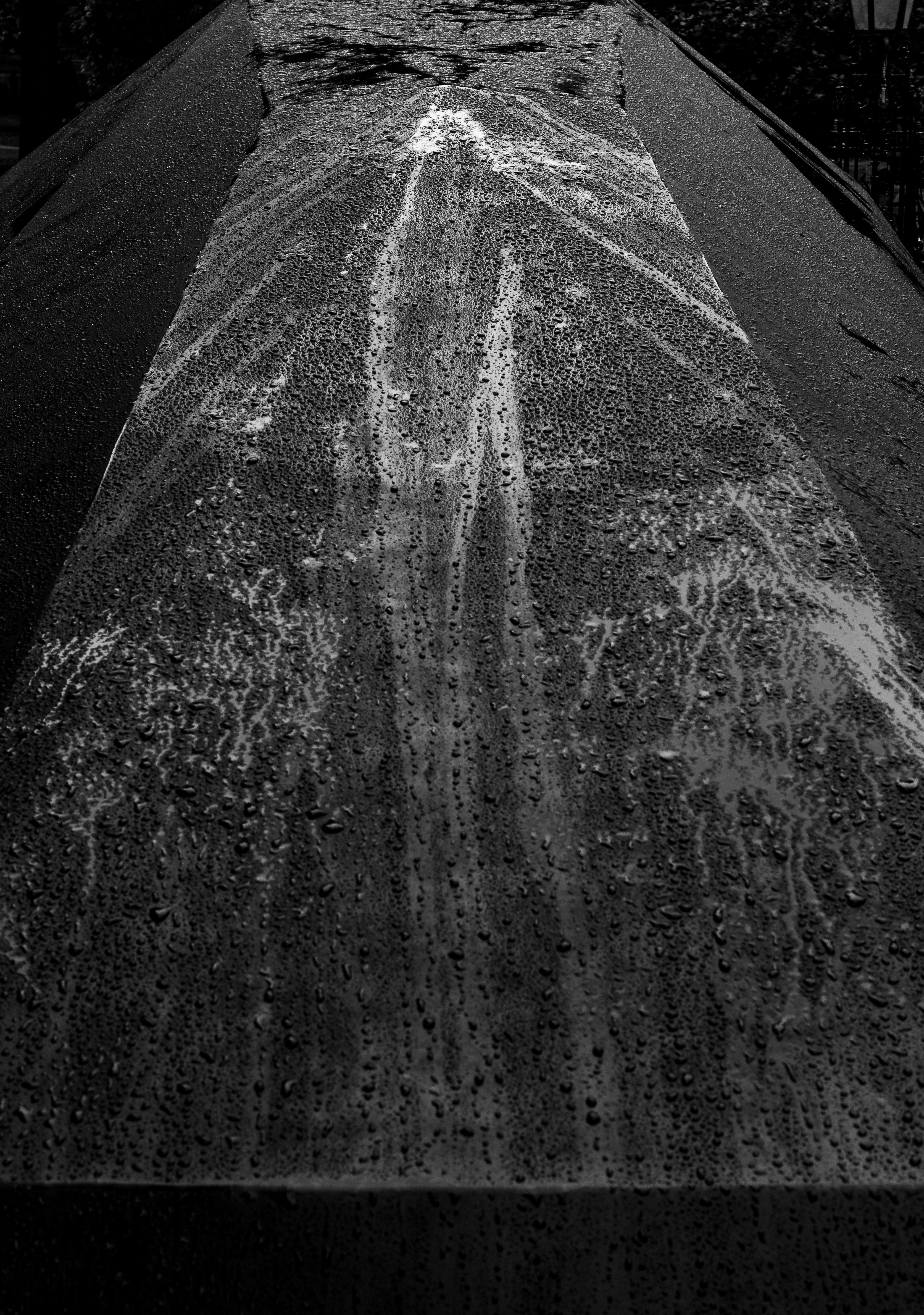 a close up of an umbrella on a rainy day