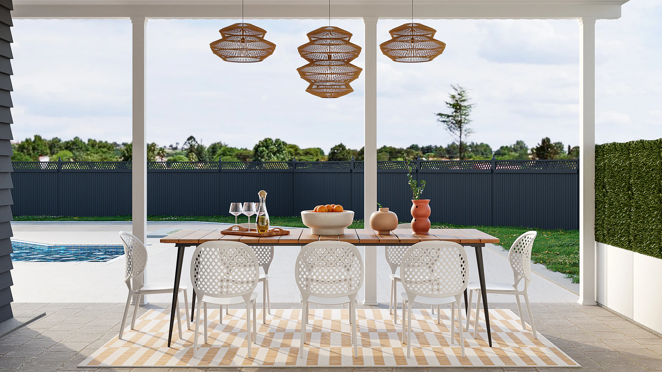 Full-bleed — poolside dining, warm light