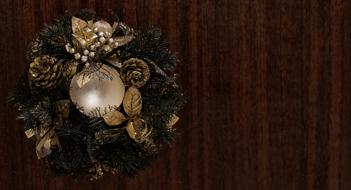 Rustic Christmas wreath hanging on a wooden door
