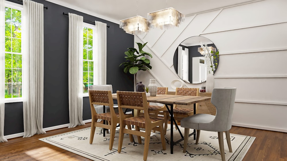 a dining room with a table and chairs