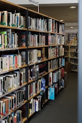 a long row of books in a library