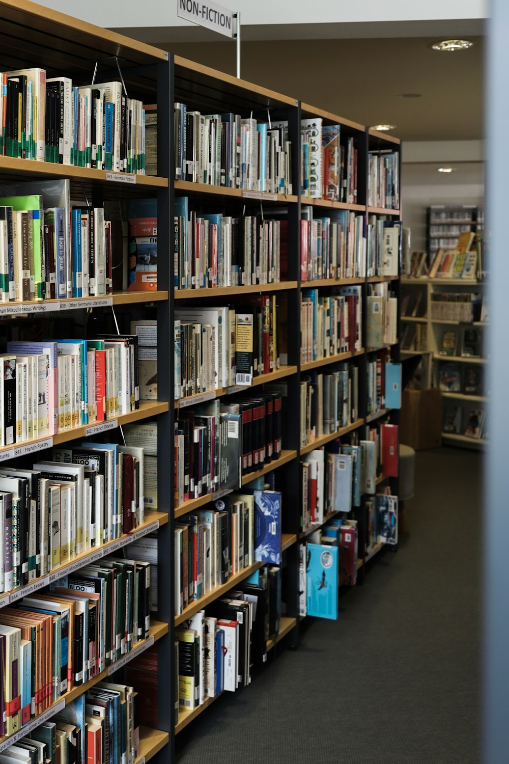 a long row of books in a library