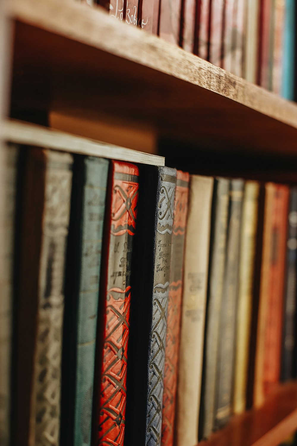 a row of books sitting on top of a wooden shelf