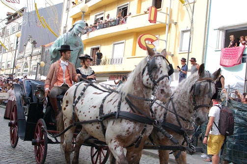A sturdy draft horse pulling a vintage wagon during a local parade.