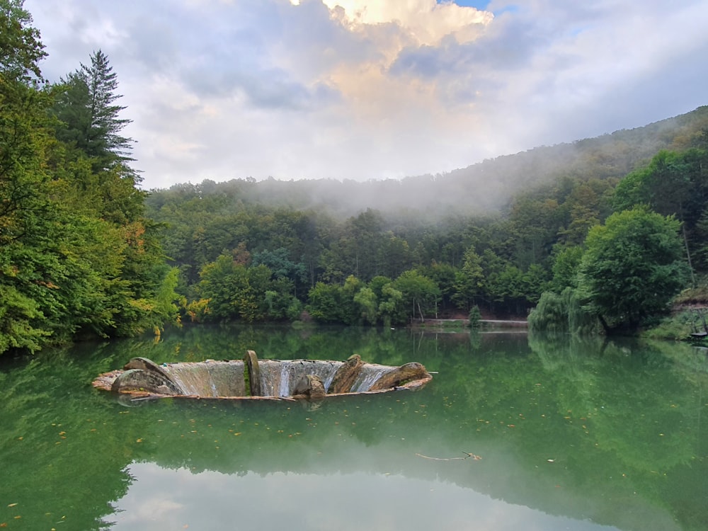 a boat floating on top of a lake surrounded by forest