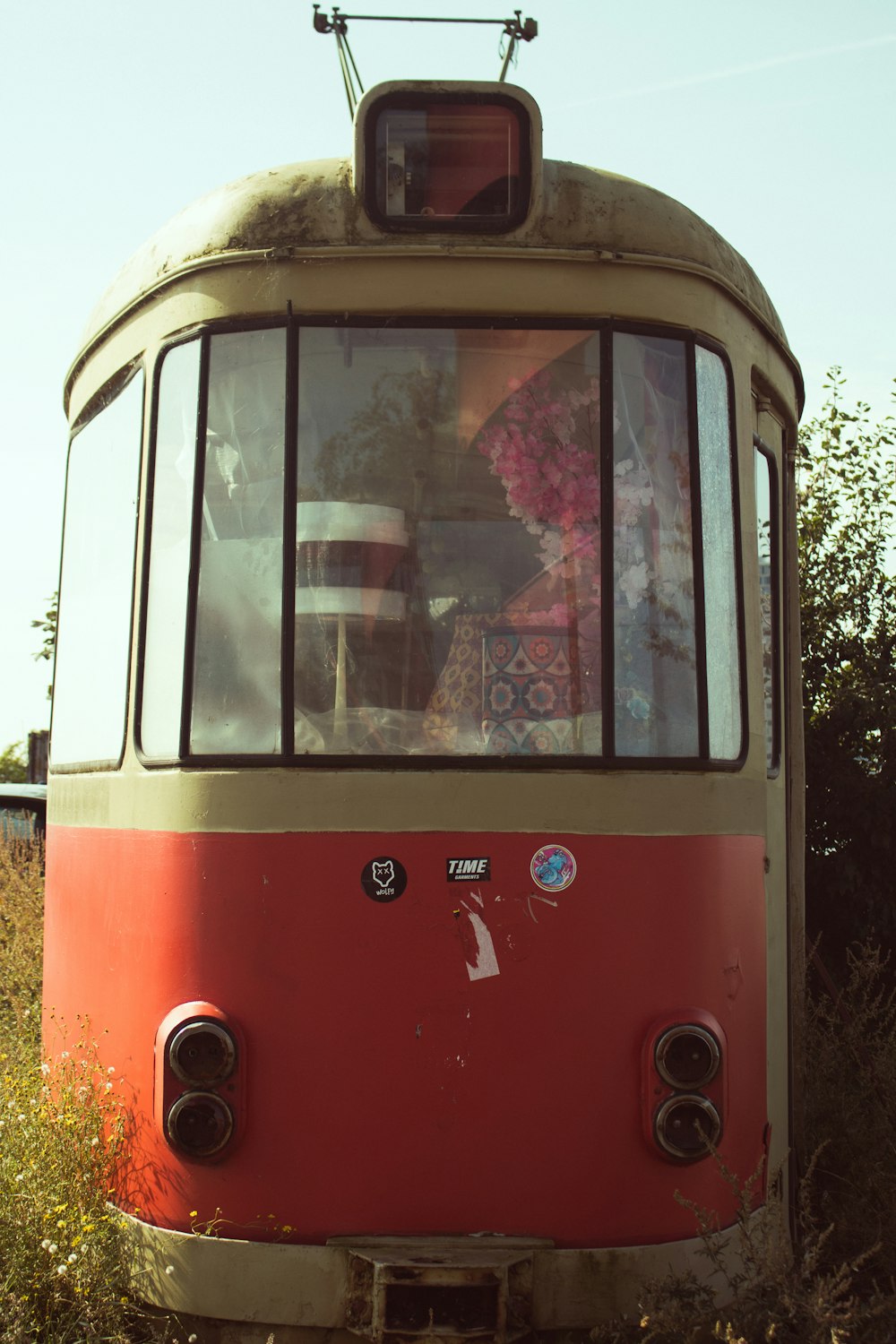 a red and white train traveling through a lush green field