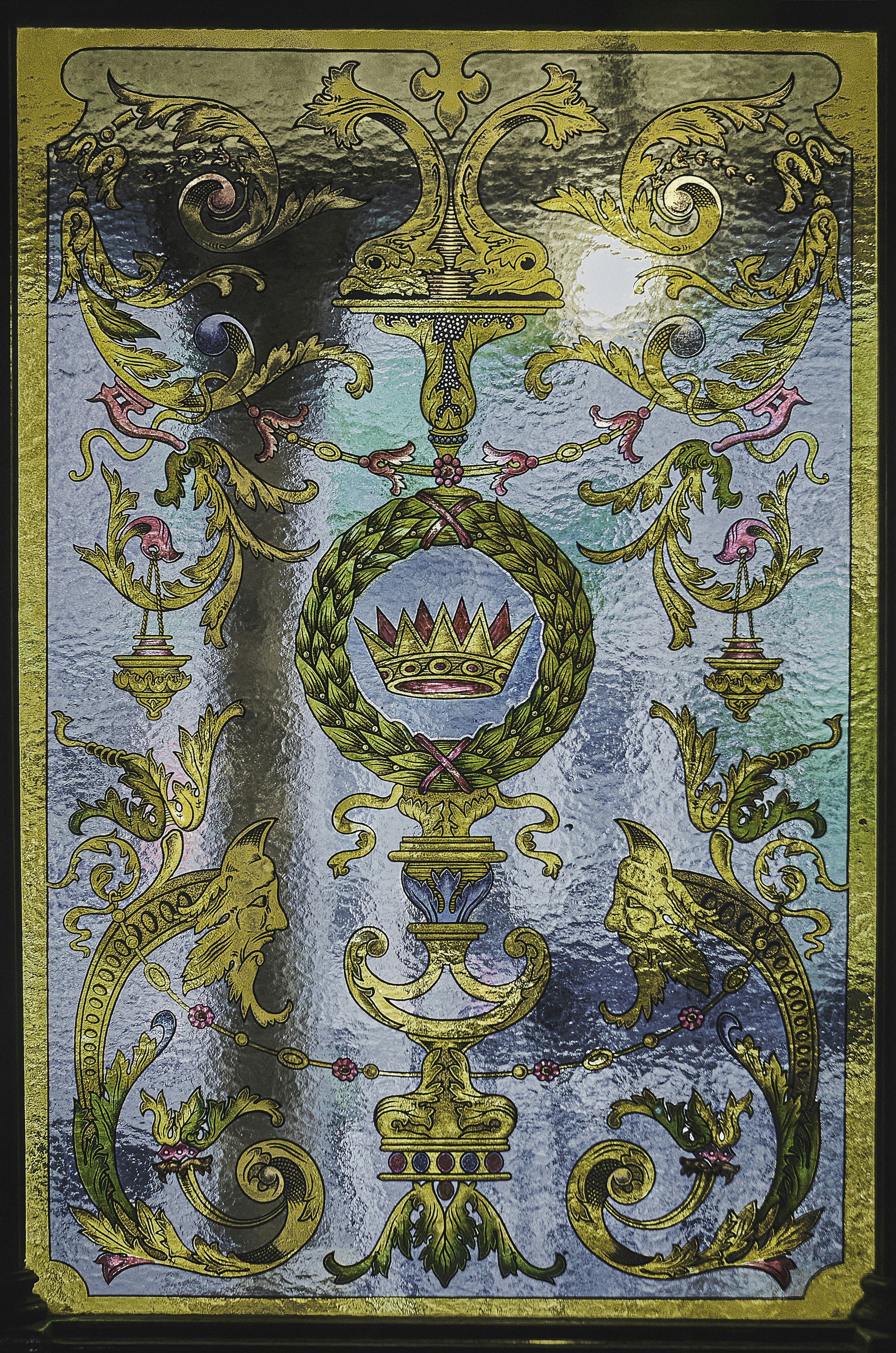 A stained-glass window; part of the decor of the famous Crown Liquor Saloon in Belfast's City Centre, County Antrim (Sep.. 2021).