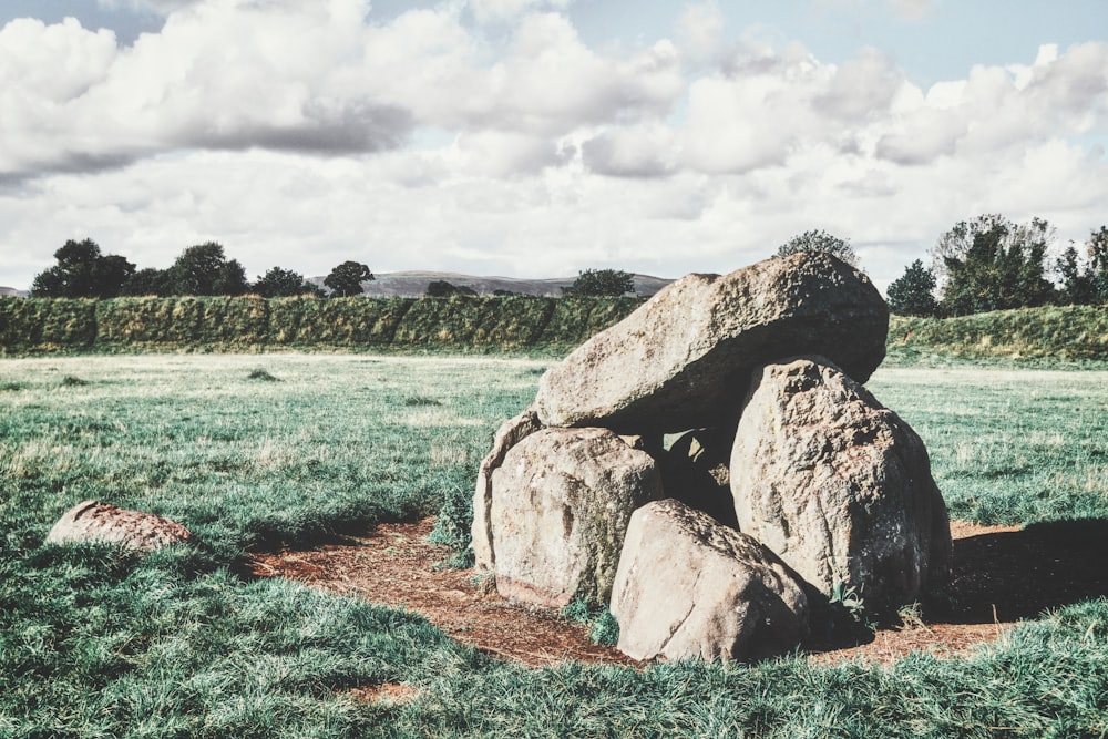 a large rock sitting on top of a lush green field