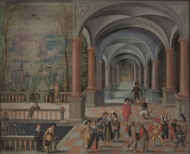 A detailed scene featuring a group of people dressed in historical attire, situated in an architectural setting with an arched walkway and red columns. The foreground shows individuals engaged in various activities such as conversation and music, while others are involved in a form of theatrical entertainment. In the backdrop, a pastoral landscape is visible, including trees, a castle, and birds flying in the sky, adding depth to the serene ambiance.