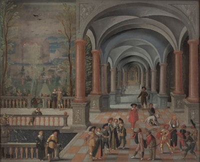 A detailed scene featuring a group of people dressed in historical attire, situated in an architectural setting with an arched walkway and red columns. The foreground shows individuals engaged in various activities such as conversation and music, while others are involved in a form of theatrical entertainment. In the backdrop, a pastoral landscape is visible, including trees, a castle, and birds flying in the sky, adding depth to the serene ambiance.