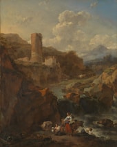 A pastoral landscape featuring a rocky terrain with a river running through it. In the foreground, people tend to cattle and perform daily chores by the water. A woman dressed in a blue top and red skirt stands near a cow, while another woman crouches by a jar. Towering, rugged cliffs and a ruined tower, partially covered in greenery, dominate the background. The sky is filled with large, fluffy clouds, imparting a sense of depth to the scene.