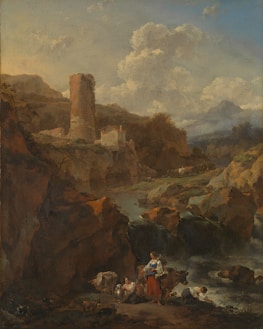 A pastoral landscape featuring a rocky terrain with a river running through it. In the foreground, people tend to cattle and perform daily chores by the water. A woman dressed in a blue top and red skirt stands near a cow, while another woman crouches by a jar. Towering, rugged cliffs and a ruined tower, partially covered in greenery, dominate the background. The sky is filled with large, fluffy clouds, imparting a sense of depth to the scene.