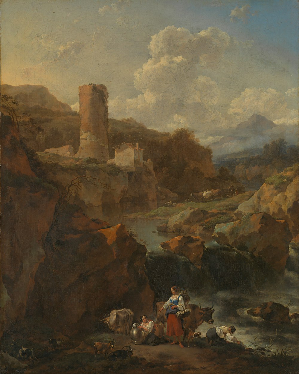 a painting of a river with a castle in the background