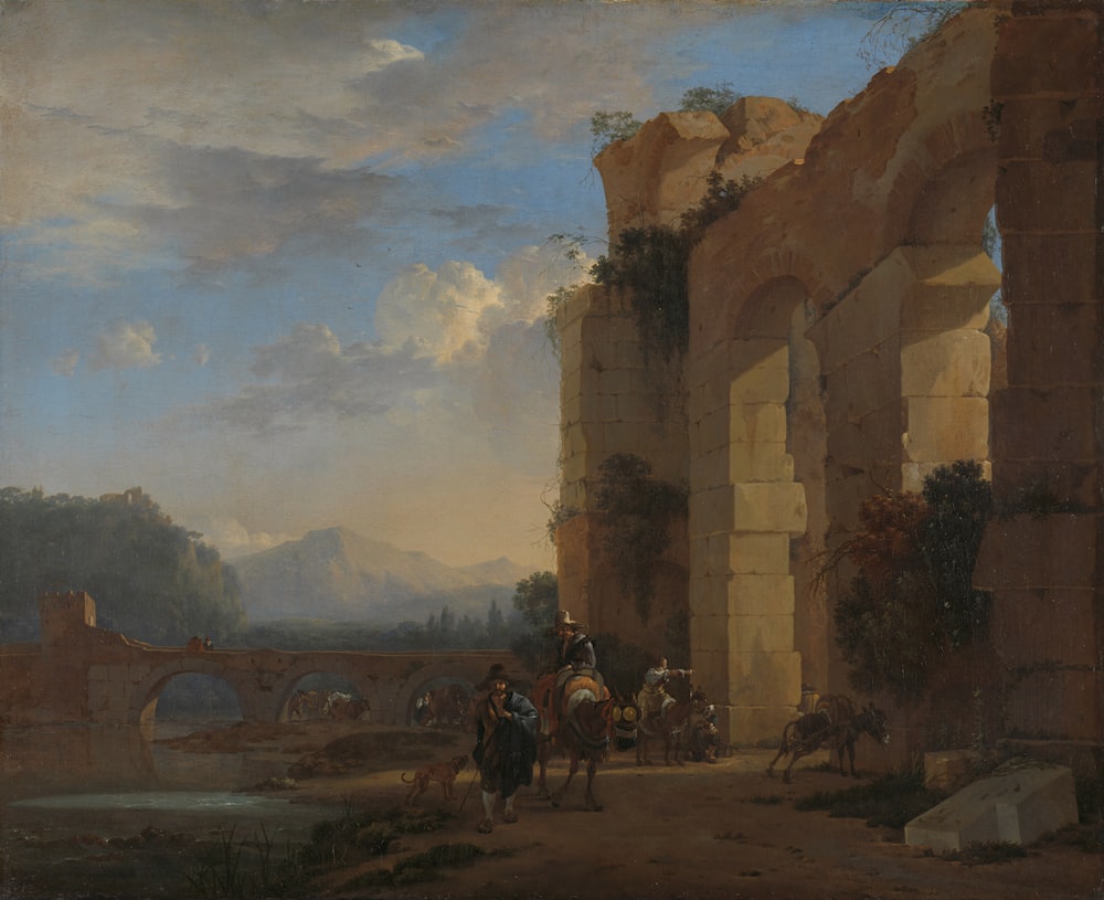 a painting of a man riding a horse next to a river