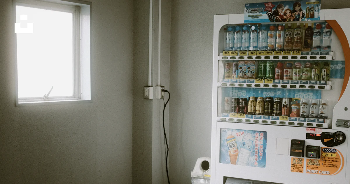 A vending machine sitting in a room next to a window photo – Free Grey ...