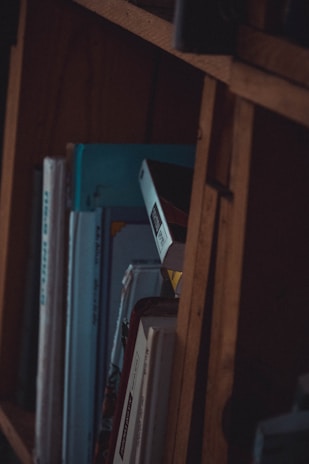 A dimly lit bookshelf filled with various books, some of which are lying horizontally. The wooden shelves are slightly worn, adding a rustic feel. The books display a range of colors, but the lighting casts a shadowy ambience over the scene.