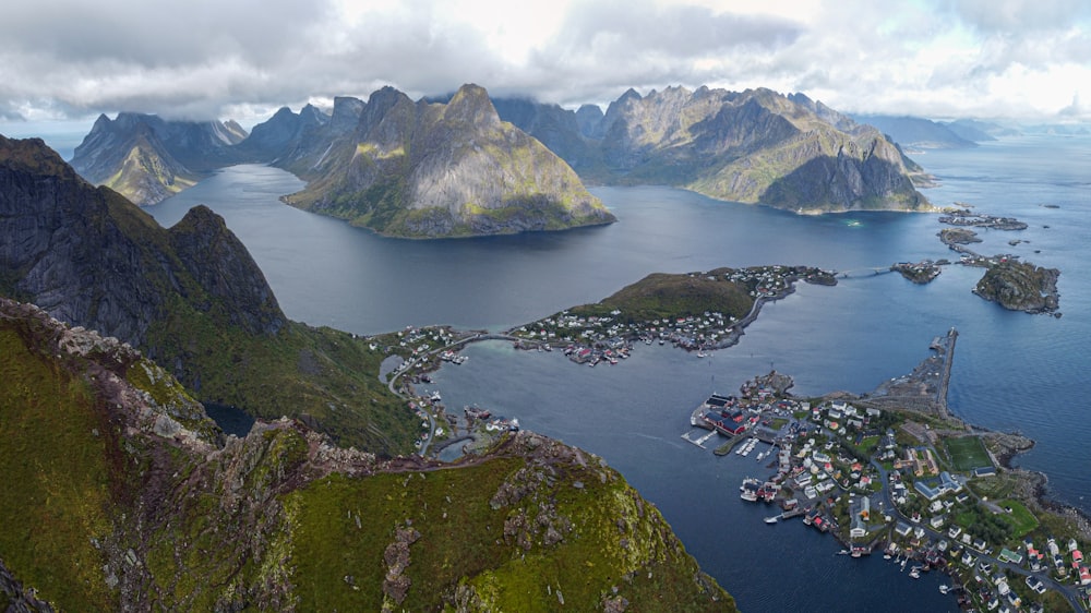 an aerial view of a small town on an island