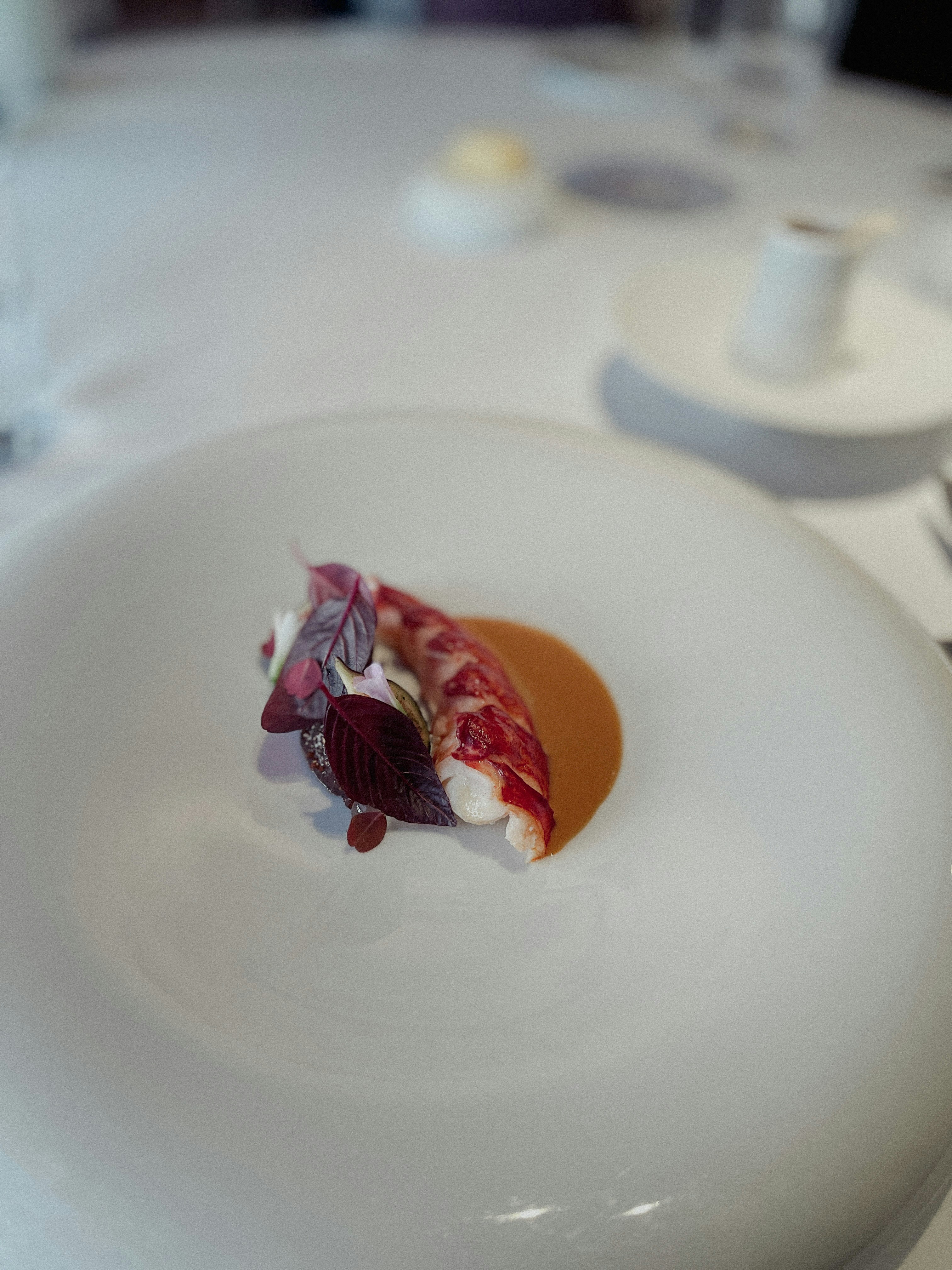 A culinary dish features a delicately plated piece of lobster accompanied by artistic garnishes, including vibrant red leaves and a subtle sauce on a white plate. The setting is minimalist and elegant, suggesting a fine dining experience.