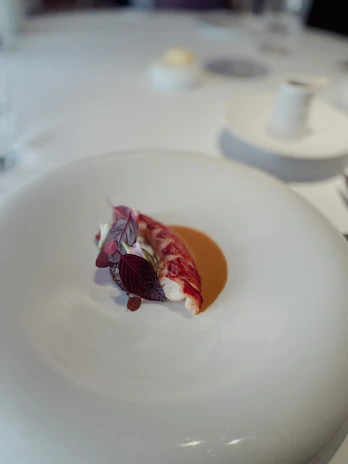 Chef’s hands delicately plating a cooked red freshwater lobster with fresh herbs and a drizzle of sauce on elegant ceramicware.