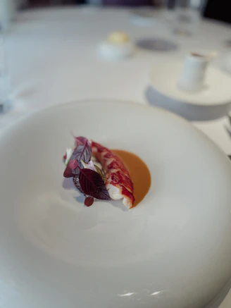 Chef expertly plating a fresh redclaw lobster dish with delicate herbs and gold cutlery on rustic ceramicware.