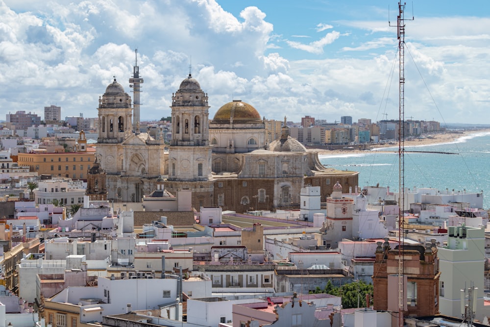 a view of a city with a large body of water in the background