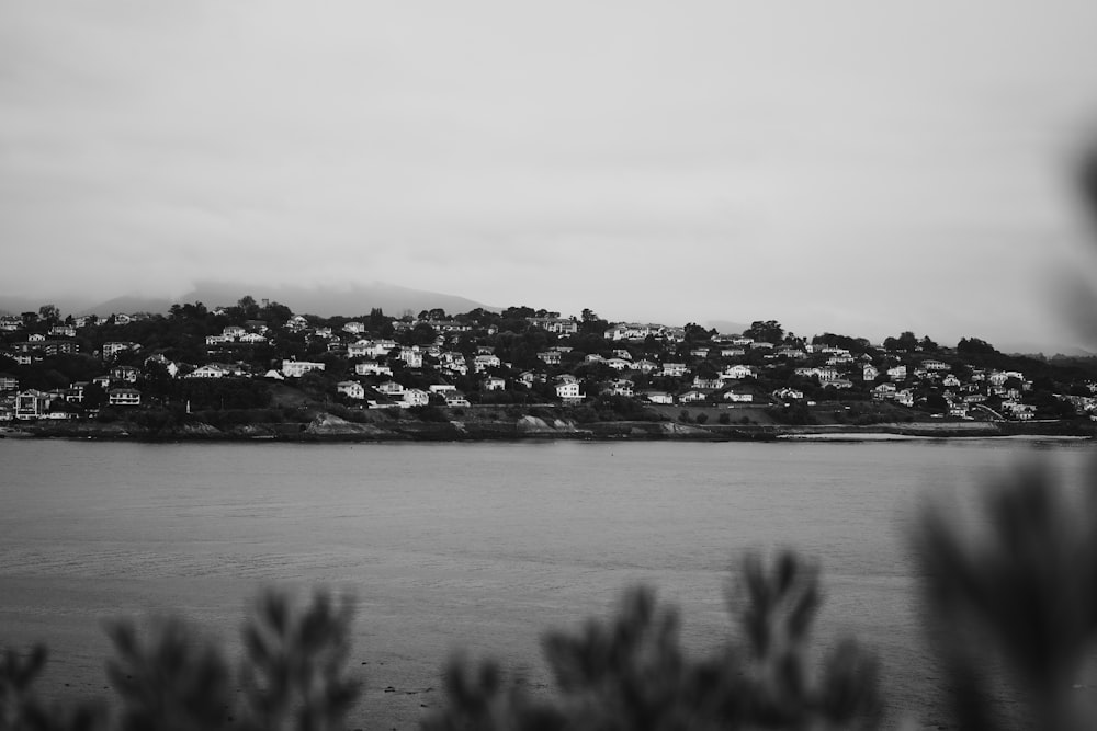 a black and white photo of a town on a hill