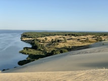 a large body of water surrounded by sand dunes