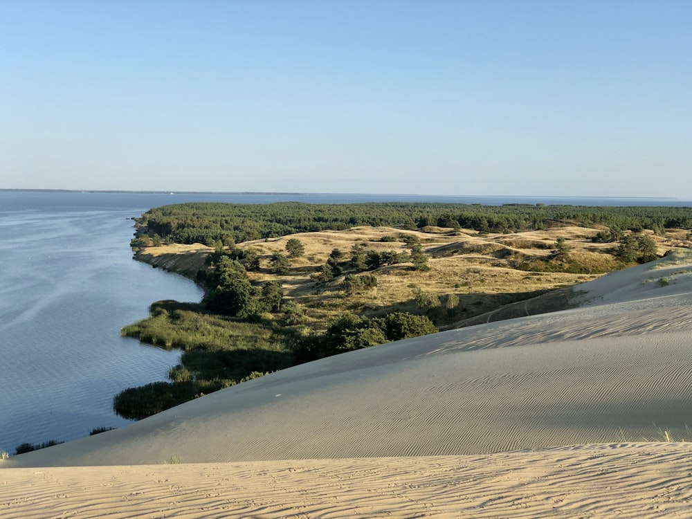 a large body of water surrounded by sand dunes