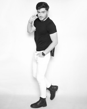 photography poses for men,how to photograph a man in a black shirt and white pants