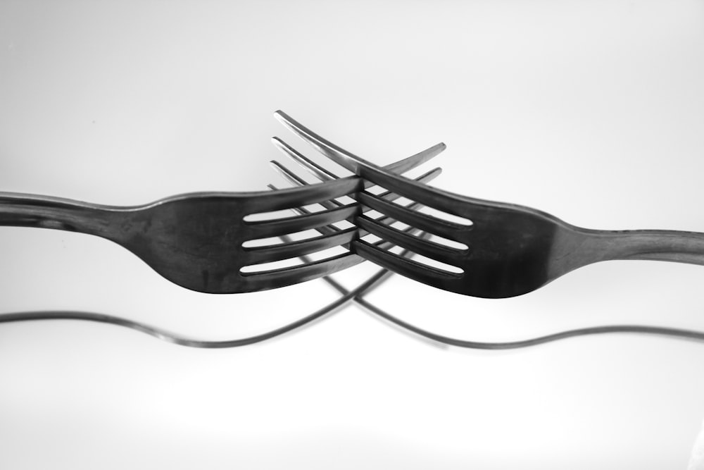una foto in bianco e nero di una forchetta e un coltello