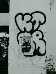 Graffiti art on a wall featuring bold black lettering and a central rectangular piece depicting a stylized cartoon face with large eyes. The wall has a light-colored background with some visible patches and foliage to the left.