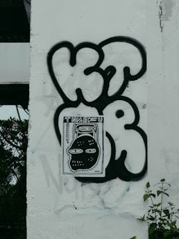 Graffiti art on a wall featuring bold black lettering and a central rectangular piece depicting a stylized cartoon face with large eyes. The wall has a light-colored background with some visible patches and foliage to the left.