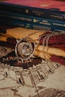 a close up of a necklace on a book