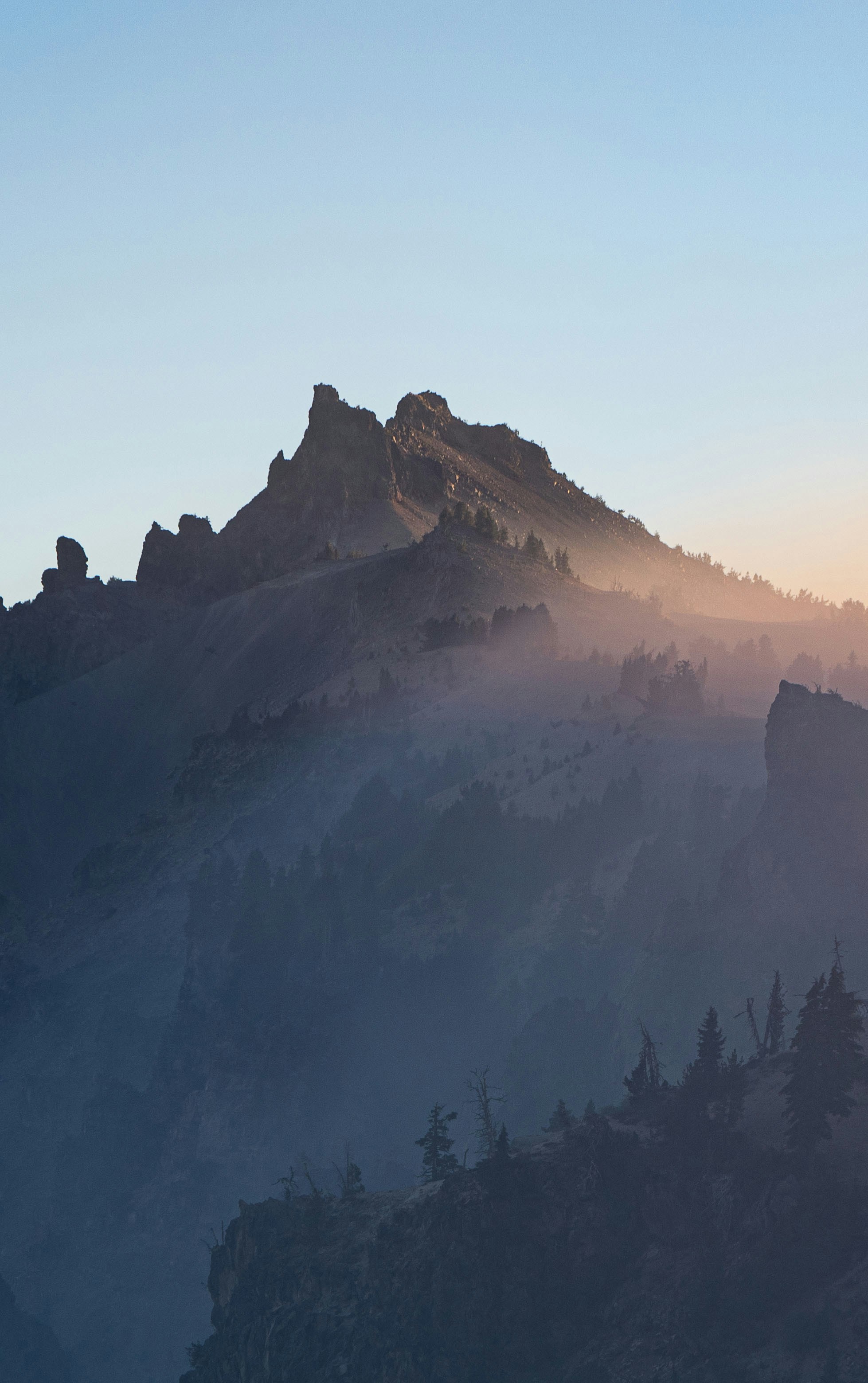 a mountain covered in fog with trees on top of it