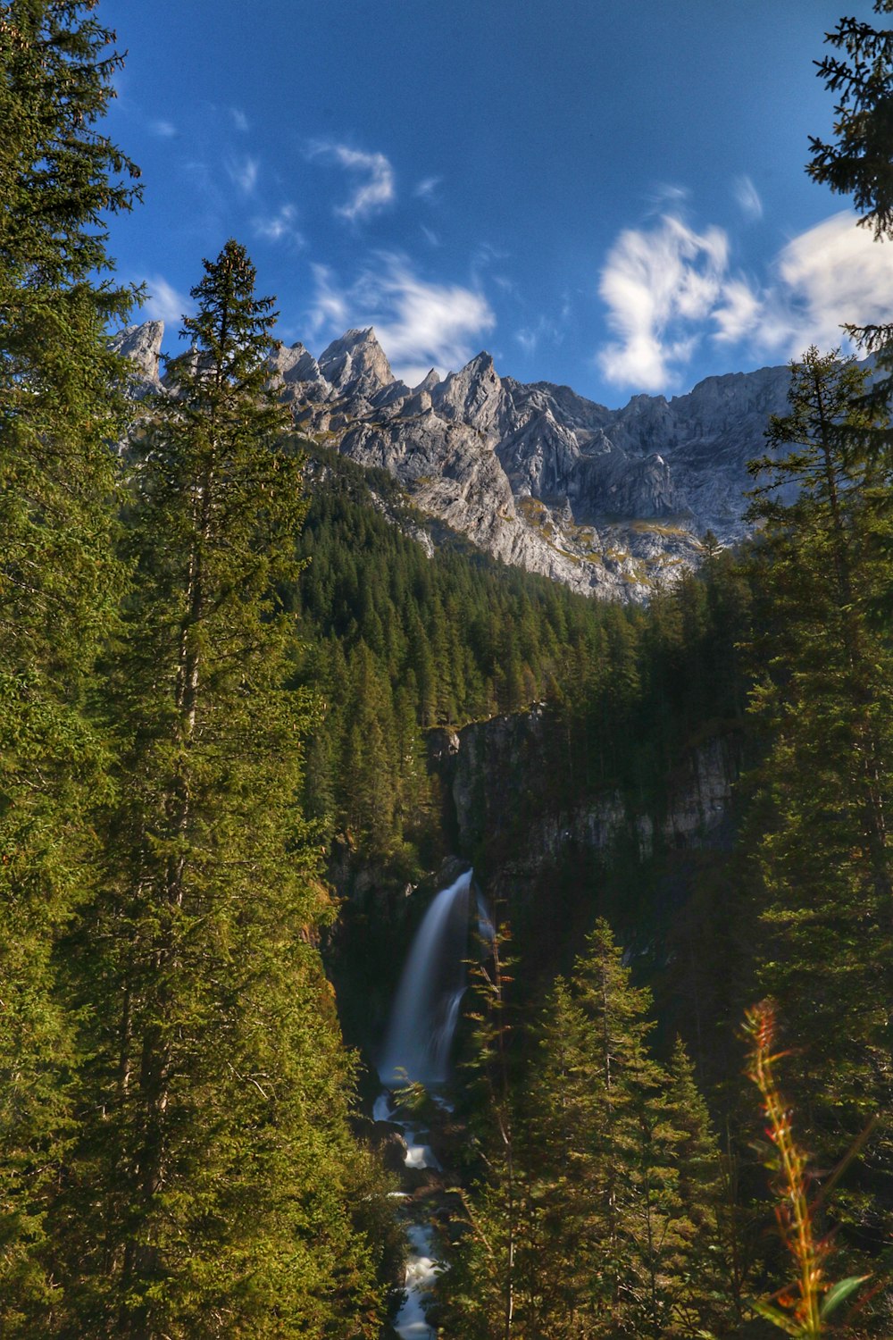 a waterfall in the middle of a forest with mountains in the background