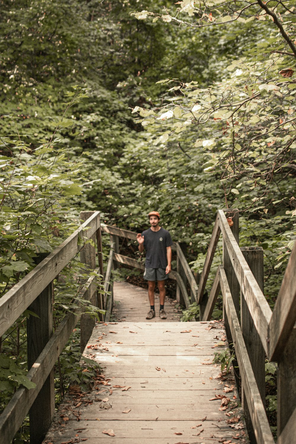 Un hombre parado en un puente de madera en el bosque