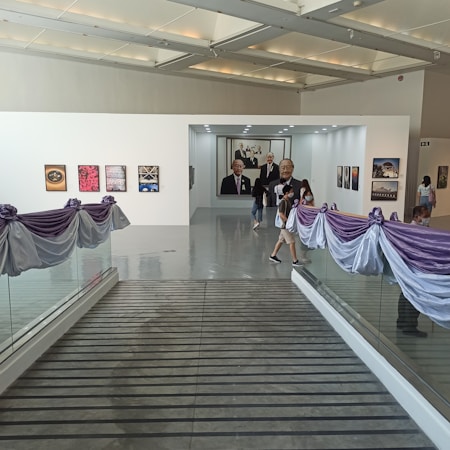 An art gallery with a sleek modern interior featuring several framed artworks displayed on white walls. The gallery is adorned with purple and white drapery along the glass railings. Several people are walking through the space, casually observing the artwork.