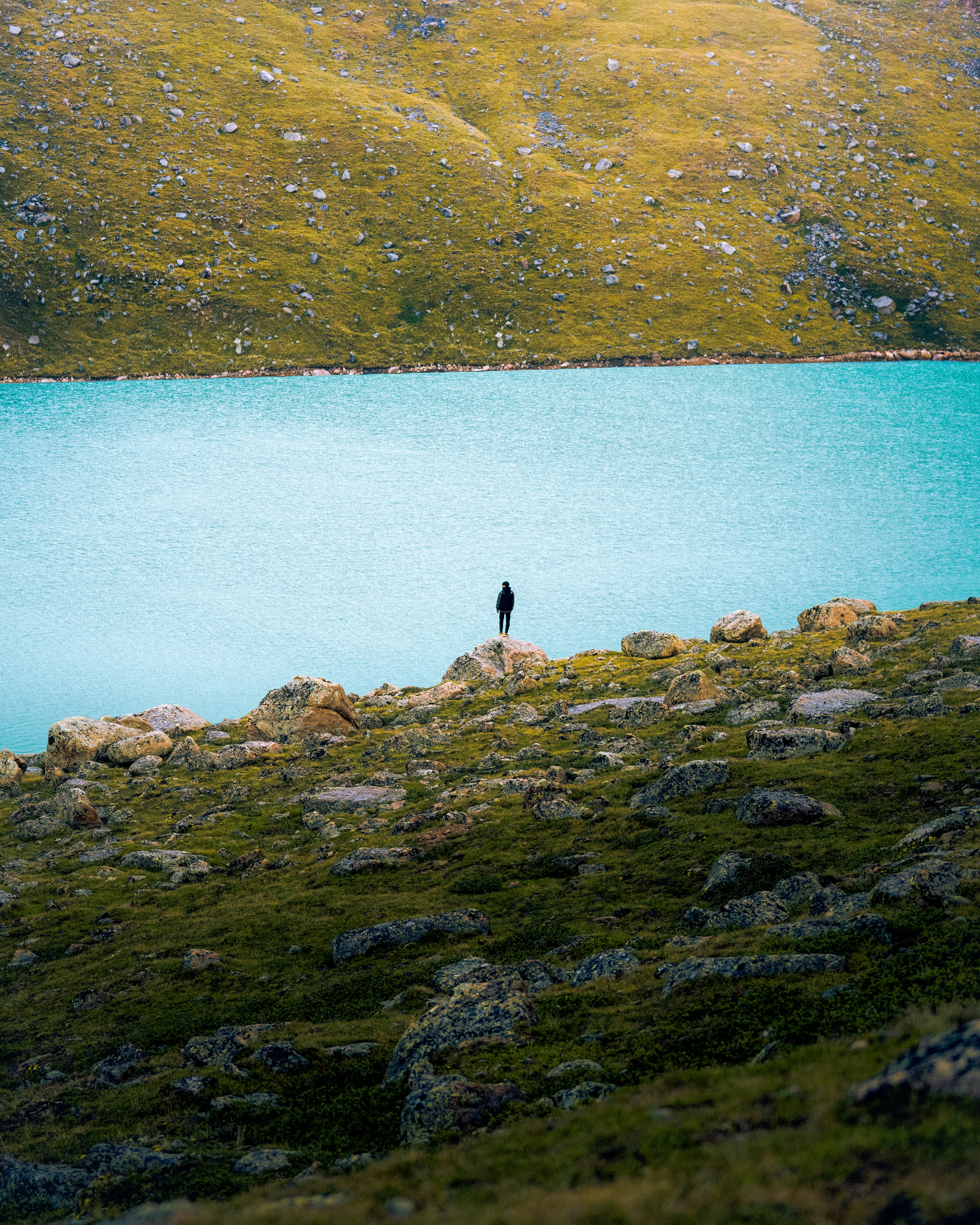 a lone person standing on the edge of a lake