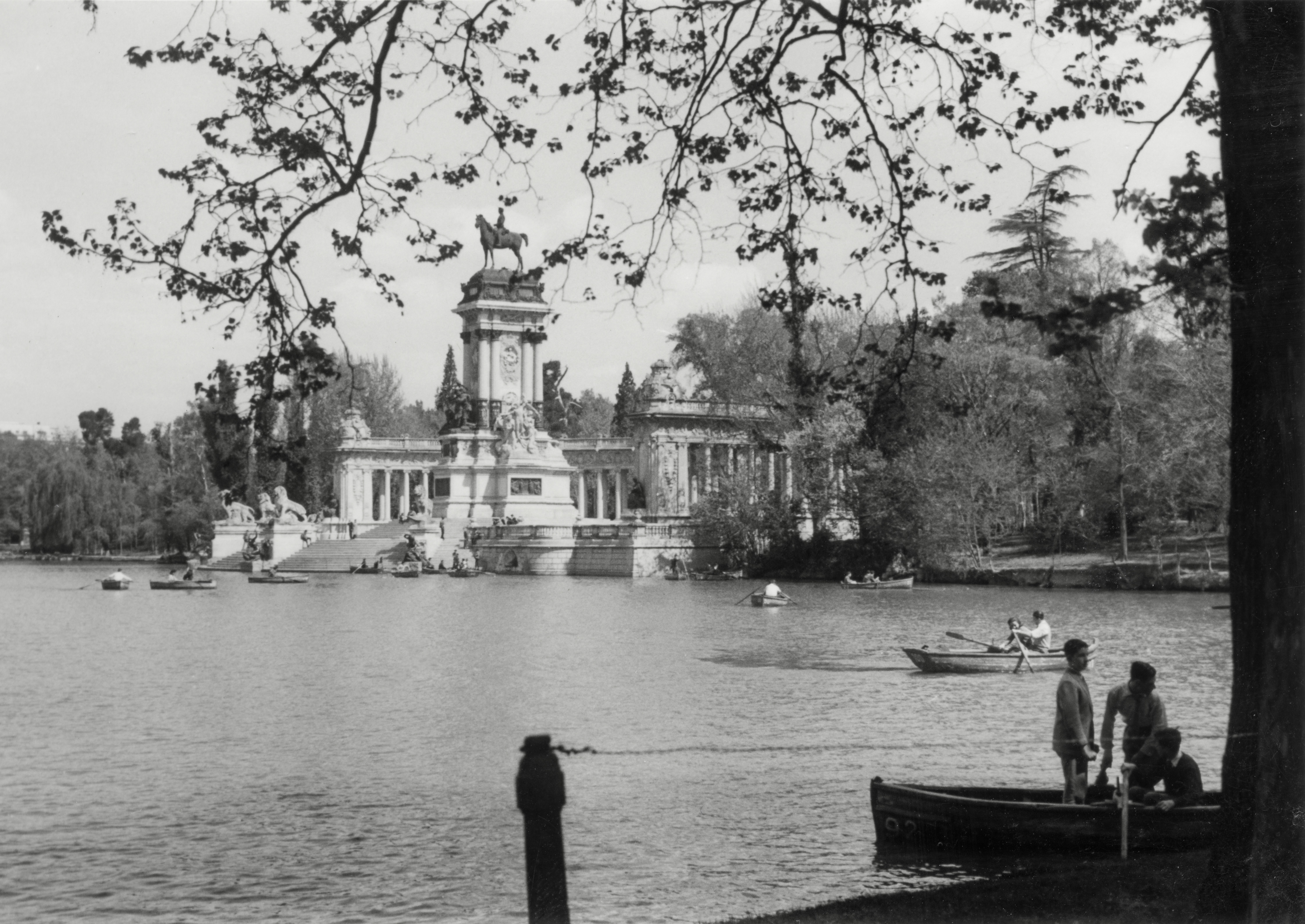The Parque de El Retiro in Madrid on a sunny day in April 1957. Historic photo scanned from a 10x7 cm (3.9\