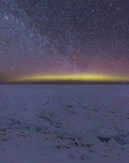 An old photograph of Greenland's icy landscape under a twilight sky, evoking timelessness.