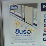 A safety poster featuring an illustration of a train platform with passengers inside a train. Arrows guide commuters to stand behind the yellow line. The poster includes both Thai and English text, emphasizing safety instructions for standing back until passengers have disembarked from the train.