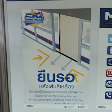 A safety poster featuring an illustration of a train platform with passengers inside a train. Arrows guide commuters to stand behind the yellow line. The poster includes both Thai and English text, emphasizing safety instructions for standing back until passengers have disembarked from the train.