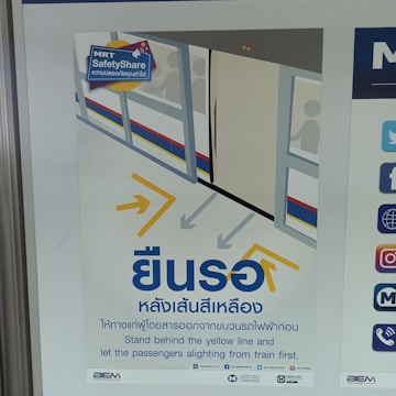 A safety poster featuring an illustration of a train platform with passengers inside a train. Arrows guide commuters to stand behind the yellow line. The poster includes both Thai and English text, emphasizing safety instructions for standing back until passengers have disembarked from the train.